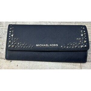 MICHAEL KORS Jet Set Studded Wallet Blu Gray Sarandon Leather Classic Edgy